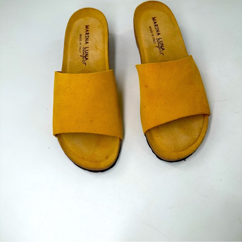 Marina Luna Mirta 1 Leather Yellow Mustard Shoes Sandals Suede EUC 7.5 Women